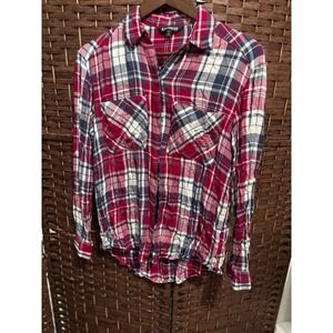 Express XS‎ Flannel Shirt Top Plaid Long Sleeve Button Up Red Blue White